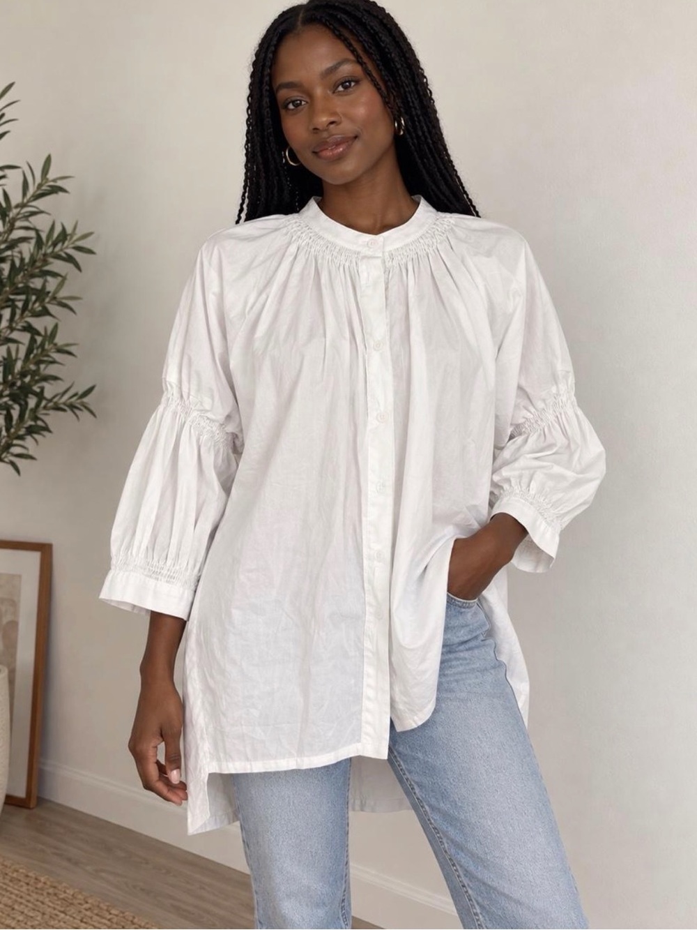 Anthropologie White Smocked Yoke Button-Down Shirt